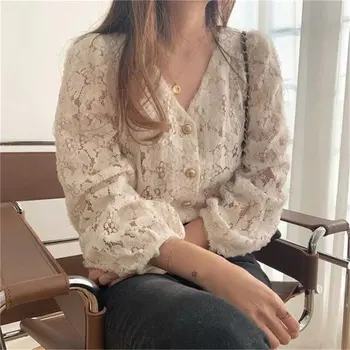 

HziriP Delicate Beige Hollow Out Chic Sweet Lace Vintage V-neck 2020 Brief All Match Office Lady Women Slim Streetwear Shirt