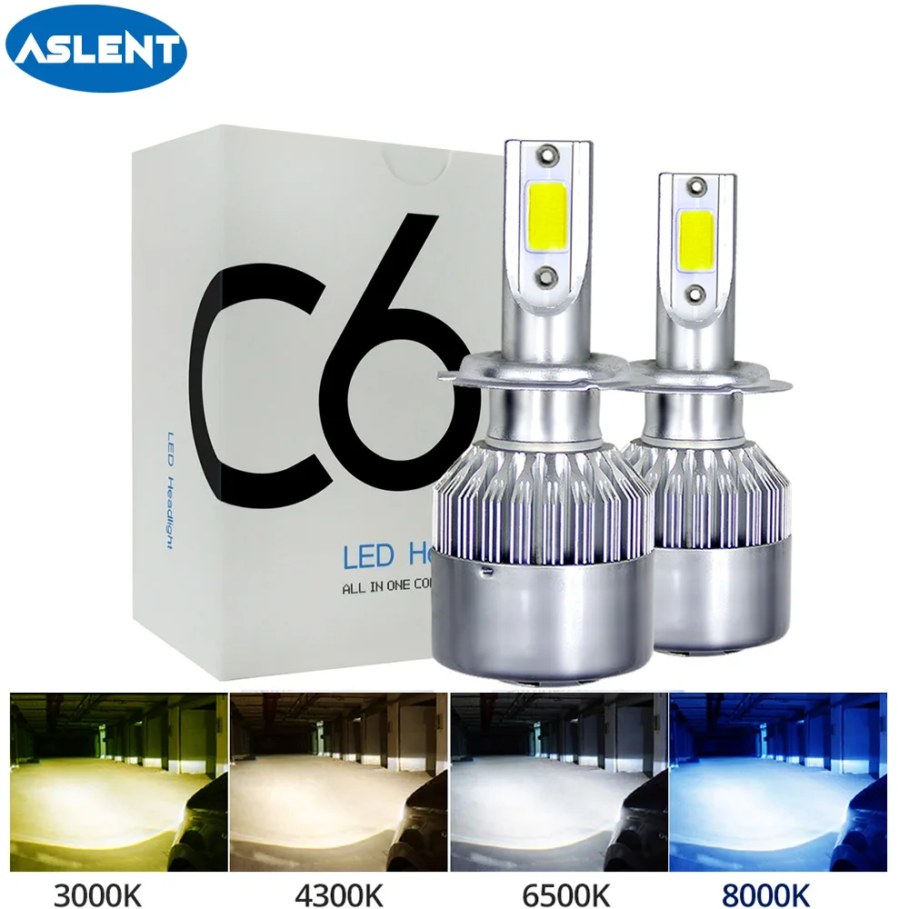 ASLENT 2 шт. C6 лампы Авто H8 H11 H7 H4 H1 9005 9006 H3 светодиодный фары 3000K желтый 6500K белый 8000K 72W