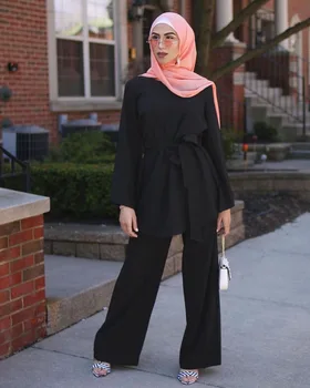 

WEPBEL Classic Ladies Full Length Pants Clothes Women Sets Muslim Fashion Solid Color Lace Up Simple Set