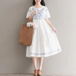 Летнее платье миди с вышивкой для девочек повседневное свободное платье средней длины сплошное хлопковое льняное платье с короткими