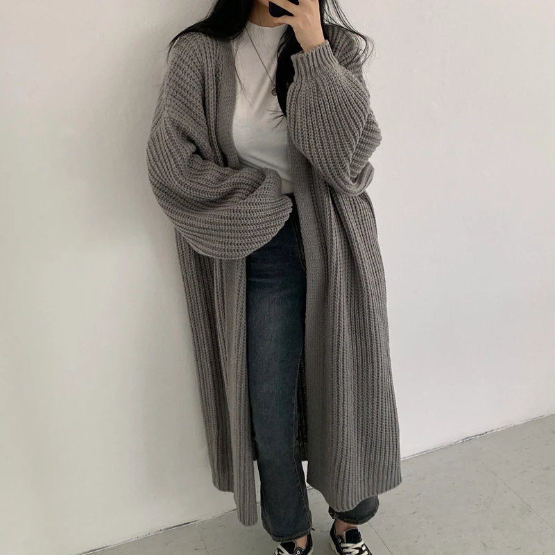 Sungtin Casual Long Knitted Cardigan Women Vintage Black Loose Sweater Coat Solid Oversized Jumper Outwear Autumn Winter 3 Color