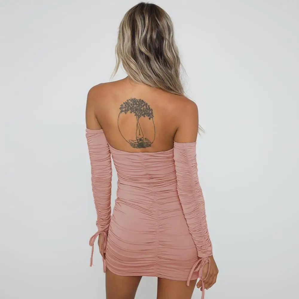 Long Sleeve Bow Hollow Out Ruched Bodycon Backless Mini Club Dress Ladies Off Shoulder Autumn Mini Sexy Party Dress Slim Dresses