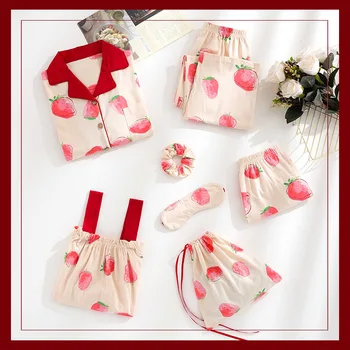 

2020Summer new 7pcs suits women pajamas sets cute v-neck top +shorts sleepwears cotton for women stay at home clothes sets