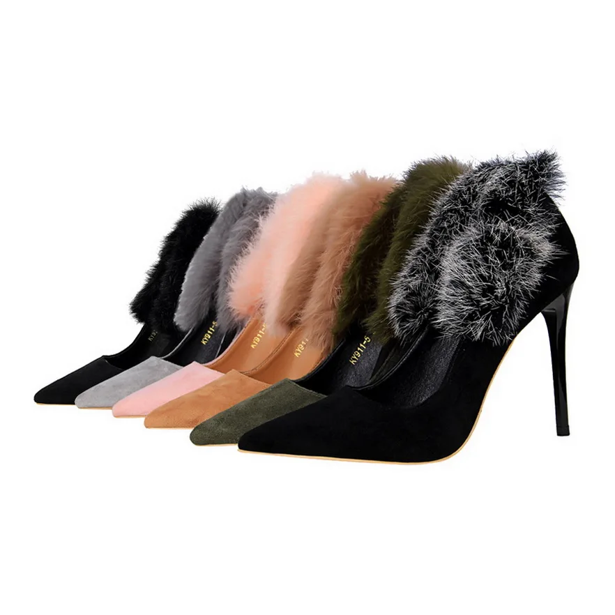 

Rabbit Fur Pumps Women Shoes Sexy High Heels Block Heel Black Fashion Flock Plush Shoes Ladies Office Spring Winter Shoes