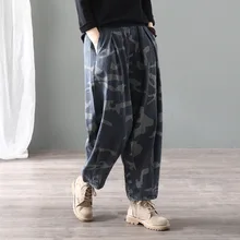 Женские джинсы осень большие размеры свободные ретро джинсовые брюки новые эластичные талии карман печати полосатые повседневные женские джинсовые брюки