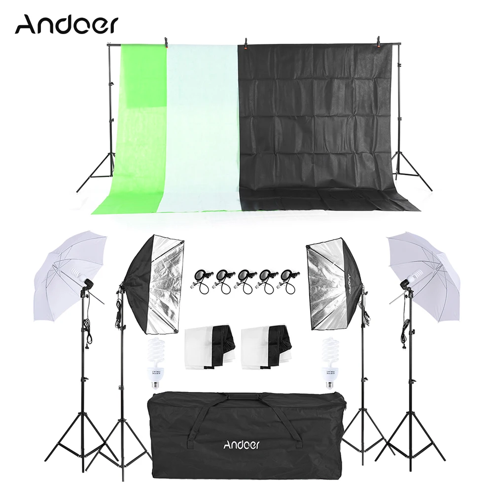 

Andoer Photo Studio Kit Photography Lighting Equipment Soft Light Umbrella Softbox Bulb Holder Light Bulbs Socket Backdrops