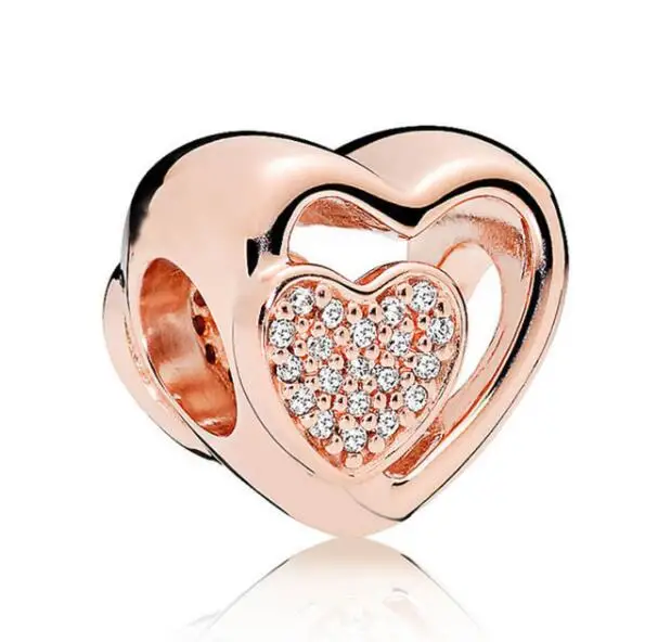 

Original 925 Sterling Silver Charm Rose Openwork Joined Together Heart With Crystal Bead Fit Pandora Bracelet & Necklace Jewelry