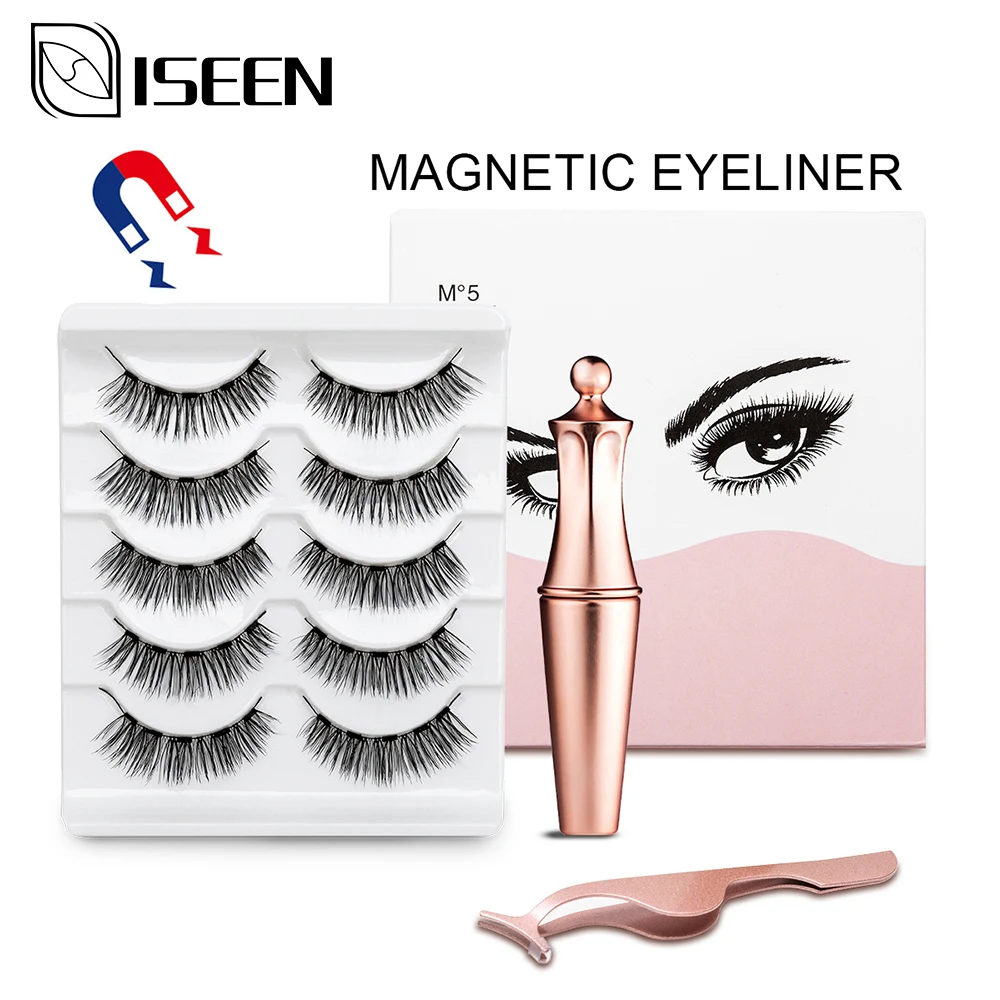 

ISEEN 5 pairs Magnetic eyelashes&Magnetic eyeliner and tweezers set Natural long eyelash makeup set