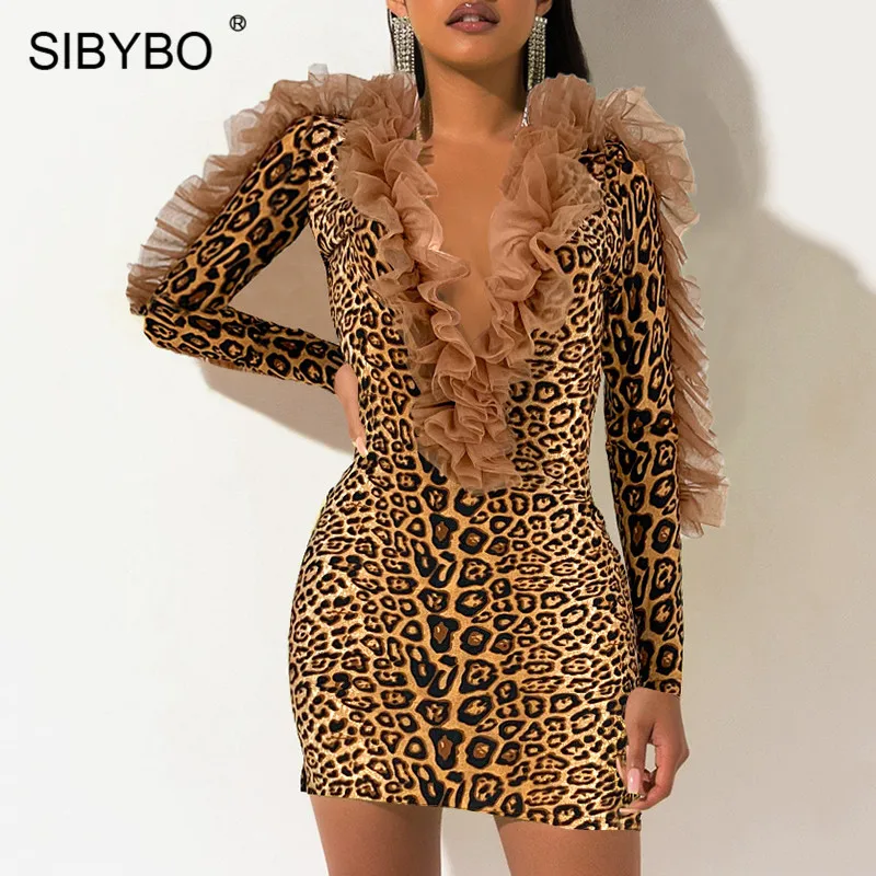 SIBYBO Ruffles Mesh Spliced Sexy Bodycon Dress Long Sleeve Mini Autumn Dress Women V-Neck Leopard Print Elegant Party Dress