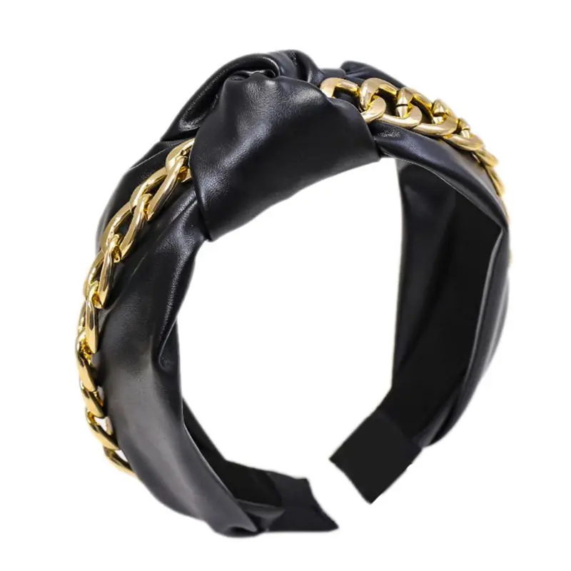 Черный Korean Women Faux Leather Wide Headband Lady Stylish Punk Metal Chains Embellished Hair Hoop Female Casual Headwear Accessory - Цвет: Черный