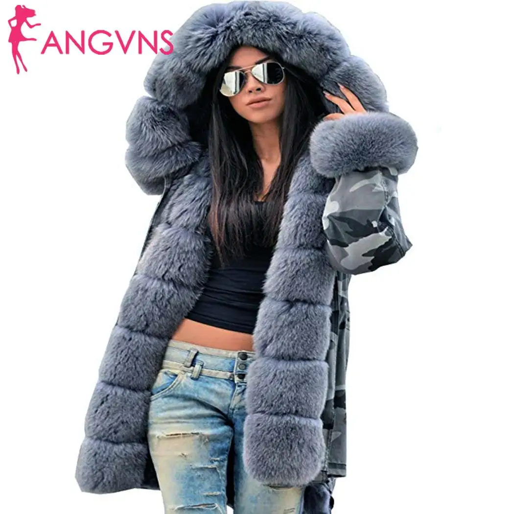 Новые зимние женские повседневные с капюшоном Длинные выше колена рукава плотные камуфляжные искусственный мех пальто