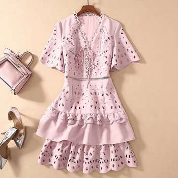 

HIGH QUALITY Newest Fashion 2020 Runway Dress Women's Short Sleeve Cutting Out Cascading Ruffle Dress