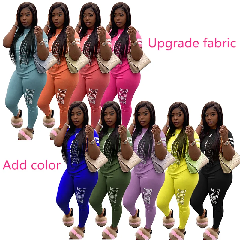 Conjunto informal de 2 piezas para mujer, leggins y camiseta de manga corta con letra Rosa Chándal estampado, traje de chándal urbano