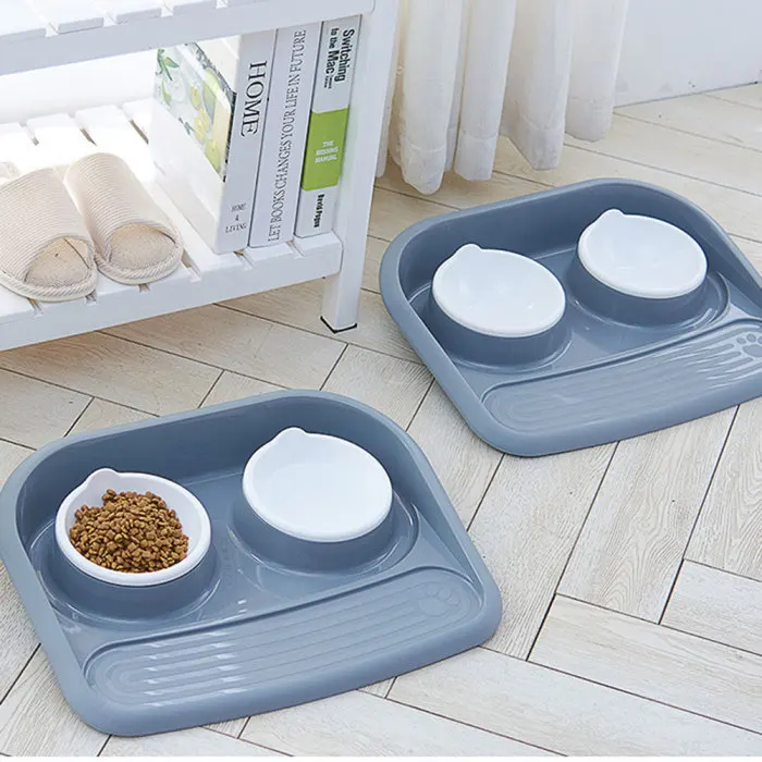 Plastic Dog Cat Feeder Bowl Dual Feeding Food Water Pet Dish Tray OCT998