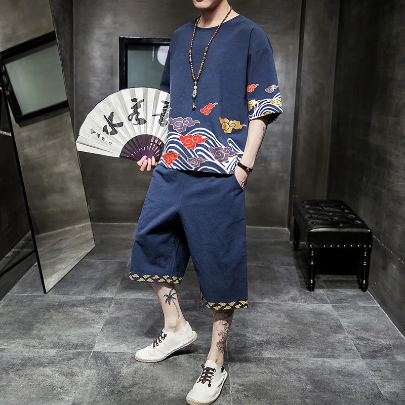 

Chinese-style Cotton Linen Set Men's 2020 New Style Color Xiangyun Printed Improved Antique Style MEN'S Short-sleeved Two-Piece