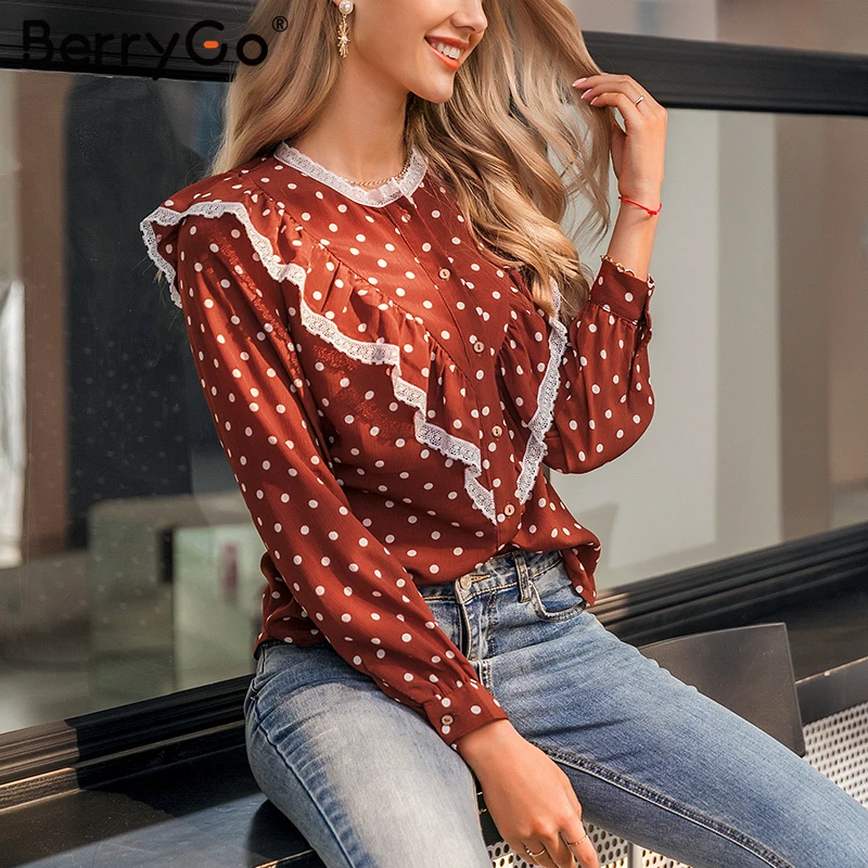 BerryGo, винтажная блузка в горошек, рубашка для женщин, весна-лето, длинный рукав, кружевной топ, элегантная рабочая одежда, повседневная женская рубашка, топ, блузы