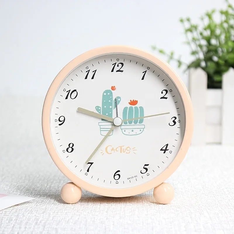 

Nordic Candy Color Cute Cartoon Hand Painted Cactus Alarm Clock Simple Student Bedside Clock Silent Children Bedroom Table Clock
