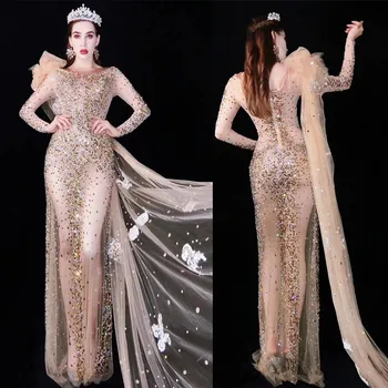 

Fashion Mesh See Through Rhinestones Nude Long Dress Lady Wedding Birthday Celebration Transparent Dress Singer Host Stage Dress