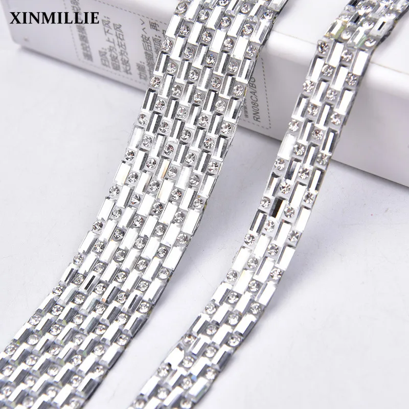 

5Yards Glass Hotfix Rhinestone Trim Clear Crystal Strass Chain 4 Rows/8 Rows Fabric Applique Banding Wedding Dress 1cm/2cm Width