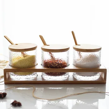 

Japanese Hammer Line Glass Seasoning Jar Seasoning Box Kitchen Storage Sauce Bottle Sugar Salt Can Set WF531936