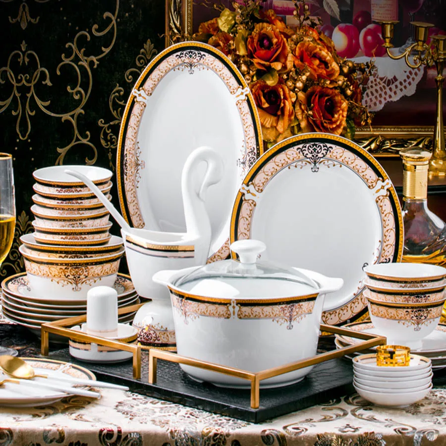 60 Heads Jingdezhen Ceramic Tablewar dish Set Tableware Rice Bowl Dish Salad Noodles Bowl Plate Dinnerware Sets Tableware