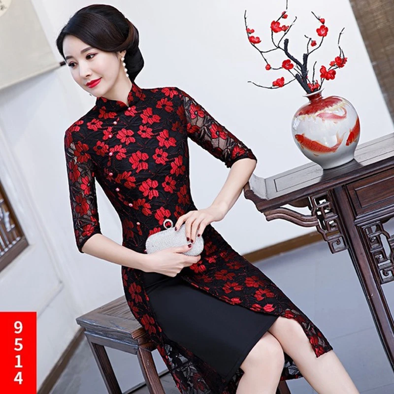 Китайское традиционное ежедневное улучшение ретро темперамент женское Aoqi cheongsam новое место элегантное тонкое повседневное кружевное платье cheongsam - Цвет: 9514