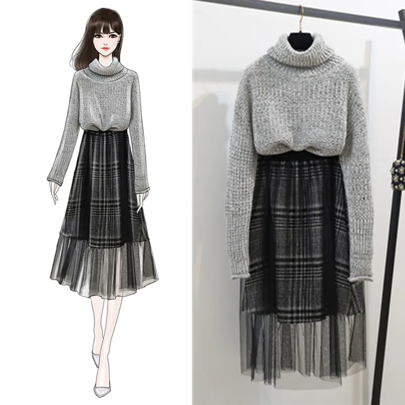 

2019 Winter New Style Elegant Two-Piece Set High Collar Loose-Fit Knitted Sweater Mid-length Half-length Mesh Skirt
