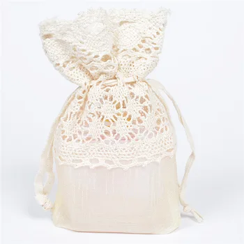 

New Beige Lace Flower Organza Drawstring Bag Pouches 10x14cm Wedding Party Decoration Drawable Jewelry Gift Jute Line Bags 10PCS