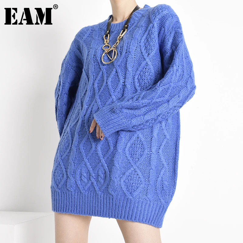 [EAM] Blue Big Size Knitting Sweater Loose Fit