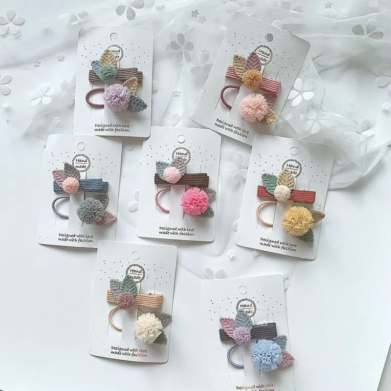 

Boutique ins 15sets Fashion Cute Pom Pom Hairpins Hair Clips Gauze Color Ball Hair Ties Elastic Hair Bands Princess Headwear