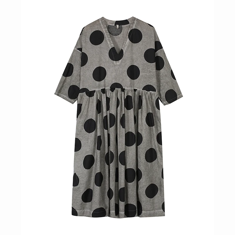 [EAM] Women Black Dot Print Pleated Big Size Dress New V-Neck Three-quarter Sleeve Loose Fit Fashion Spring Autumn 1A112 - Цвет: gray