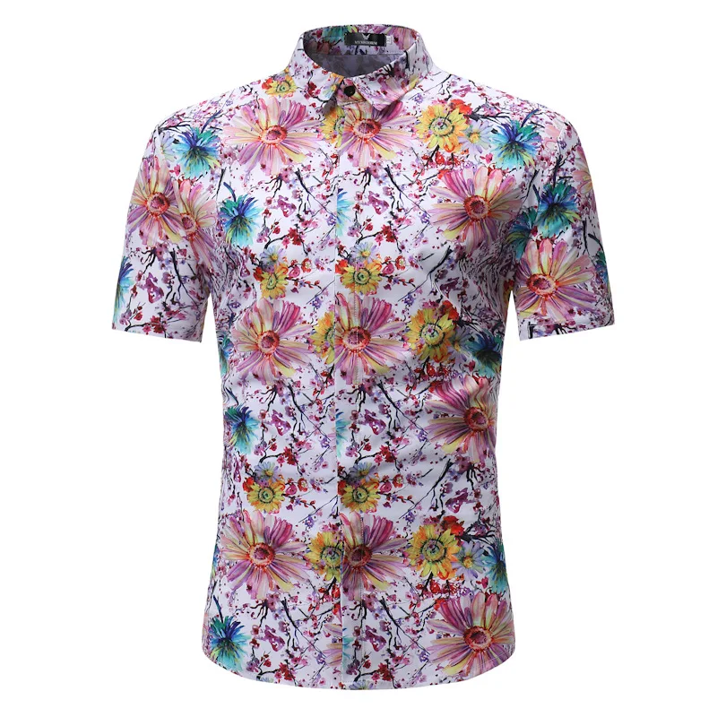 Men's Slim Fit Flower Printed Shirts Male Short Sleeve Floral Shirt Men Basic Tops Casual Plus Size Shirts Printing - Цвет: Mixed
