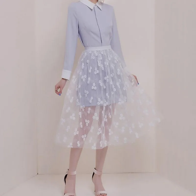 

HAMALIEL Runway Fashion Women 2 Piece Set Autumn Hit Color Turn Down Collar Long Shirt + White Floral Embroidery Mesh Skirt Set