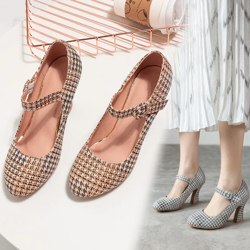 Spring Mary Jane Shoes High Heels Woman Pumps Block Heel Womens Brand Designer 2020 Dress Party Ladies Gingham Retro | Обувь