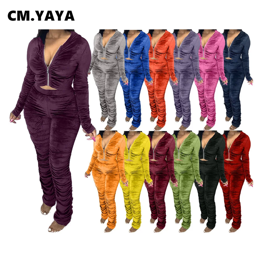 CM.YAYA-Conjunto de Otoño de terciopelo para mujer, Sudadera con capucha y cremallera, pantalones acanalados, chándal deportivo, Traje de dos piezas de chándal activo