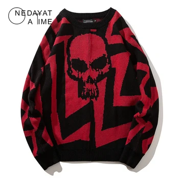 

High street Skulls Knitted Pullover Sweaters Men's O-Neck Loose Fit Knittwear Men Sweaters Pullovers Pullover Hip Hop Streetwear