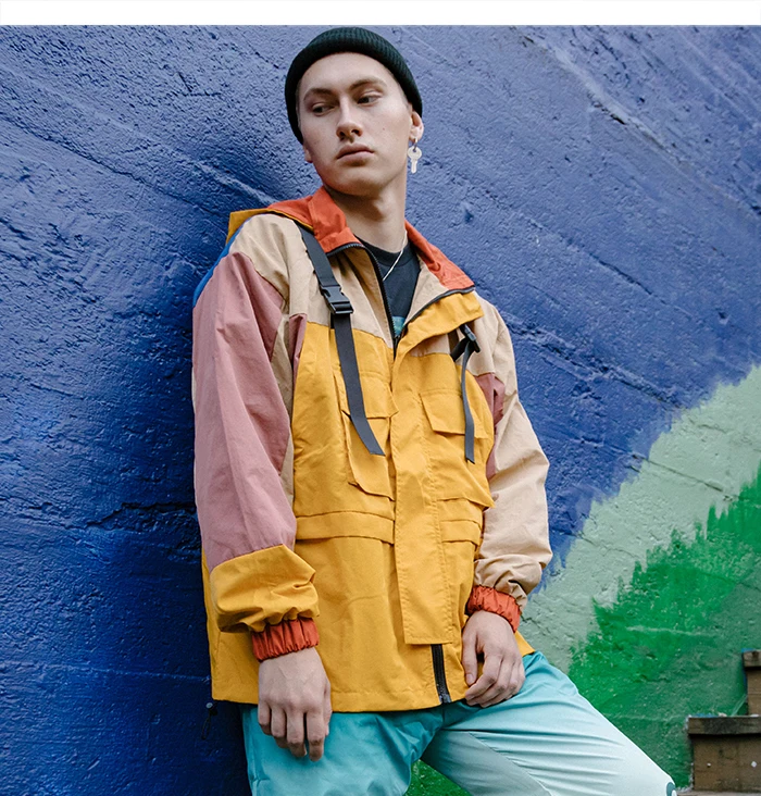 EFUNGAL хип хоп куртки для мужчин цветной блок ветровка из полиэстера Куртка Бомбер с капюшоном карманы Баскетбол Пальто Повседневная Уличная