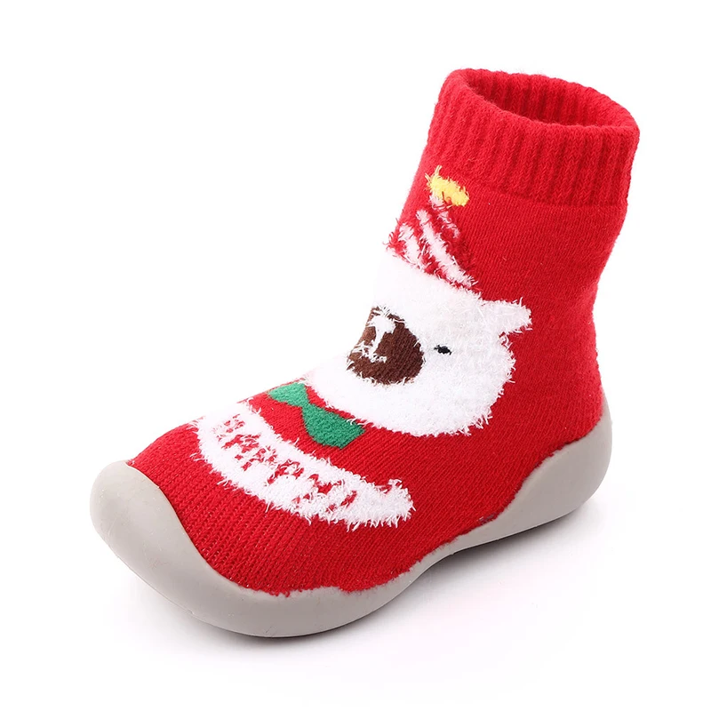 Модные детские носки с резиновой подошвой Младенческие хлопчатобумажные носки для детей Половые носки Обувь на Рождество противоскользящие Мультипликационные носки для мальчиков и девочек