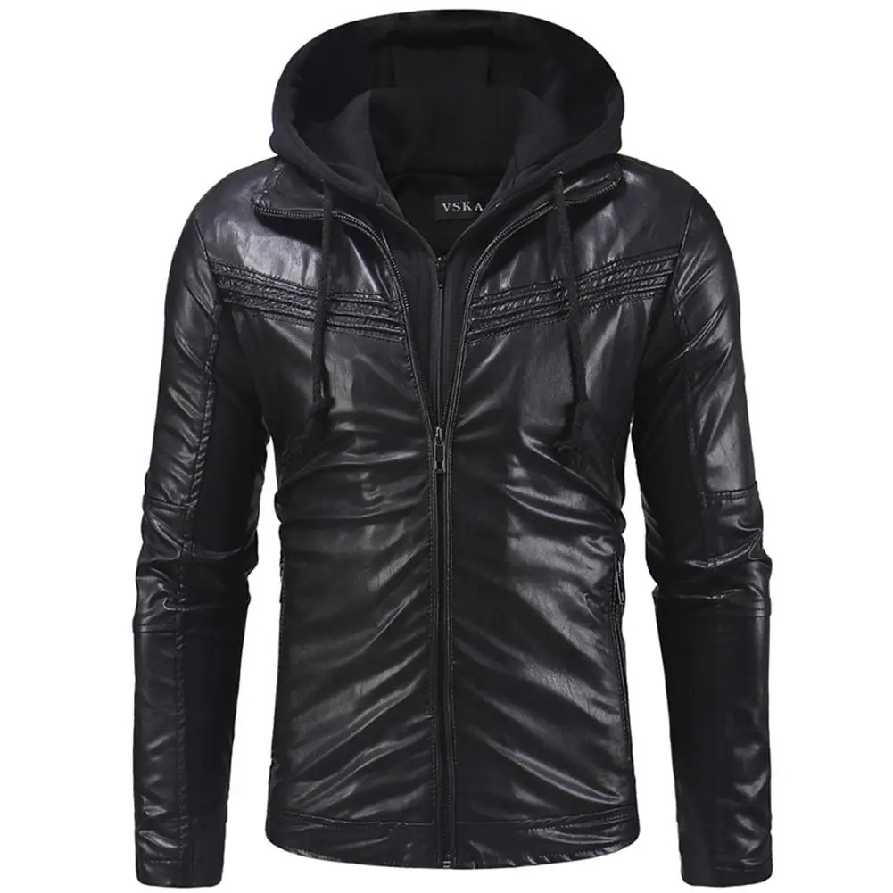 MISSKY, мужское кожаное пальто, мотоциклетная куртка, одежда, плиссированный дизайн, повседневный стиль, на молнии, с капюшоном, топ для осени и зимы