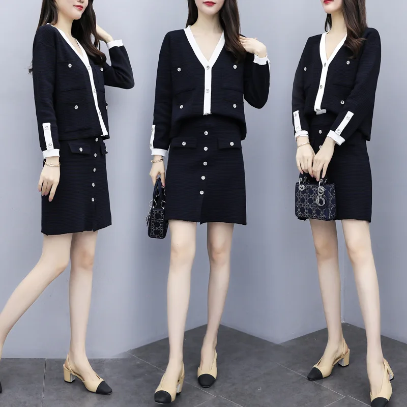 

Online Celebrity-Elegant 2019 Autumn New Products Graceful V-neck Sweater Sheath Slimming Skirt Two-Piece Women's