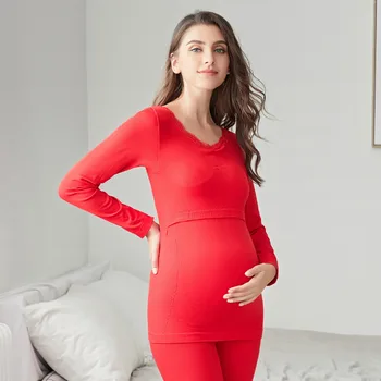 

Postpartum Nightwear 2PCS Maternity and Nursing Set Pregnant Pajamas Lace Long Sleeve Top&pants Spring Clothing
