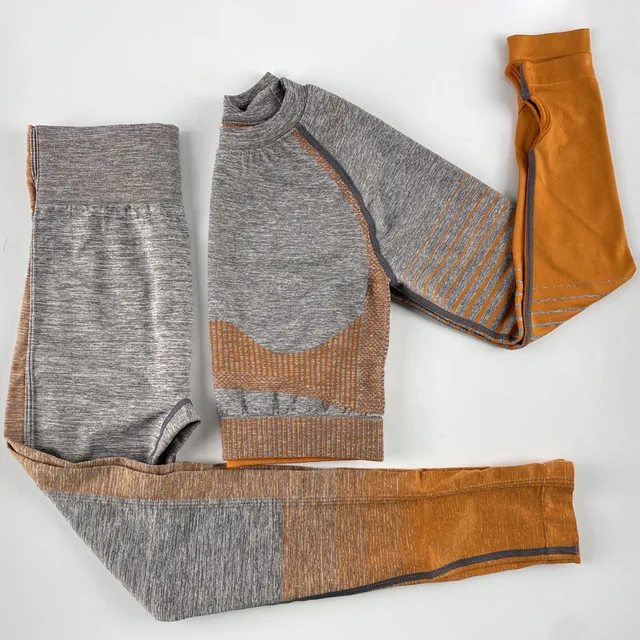 Athletic Contour Outfits Ombre Striped Long Sleeve Seamless 2 Piece Set Yoga Leggings Sport Womens Fitness Gym Clothes Tracksuit Orange