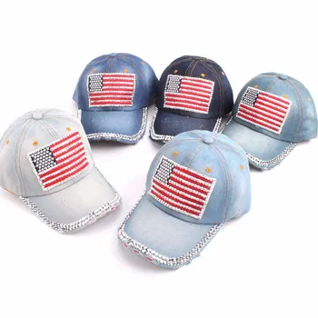 

Fashion Baseball cap Women American Flag Rhinestone Jeans Denim Baseball Adjustable Bling Hat Cap