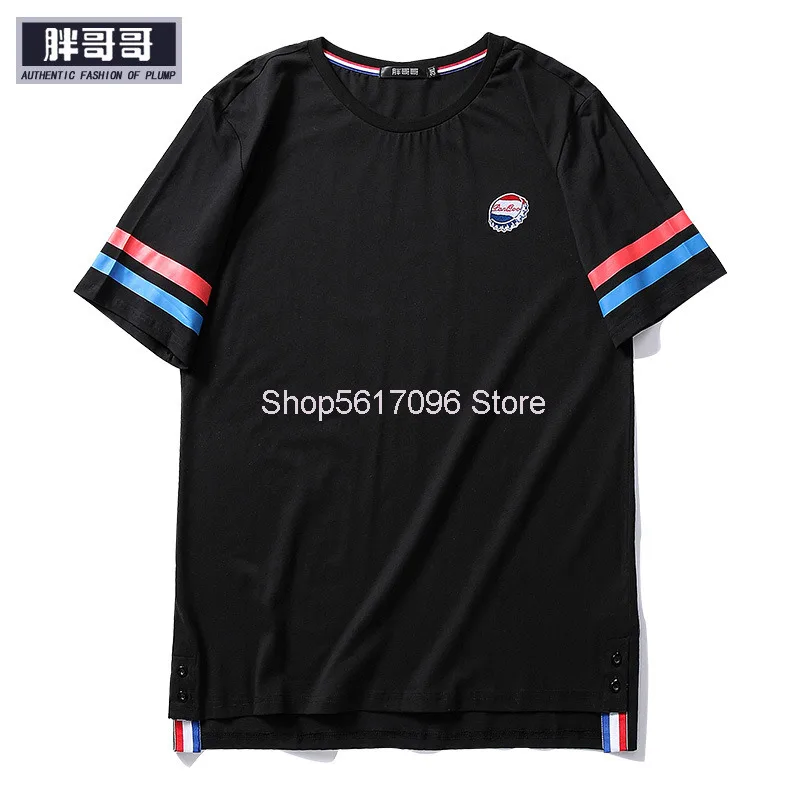 

Fat Short Sleeve T Shirt Big Size Male Personality Embroidery Contrast Color Top Fat Man Round Neck T-shirt
