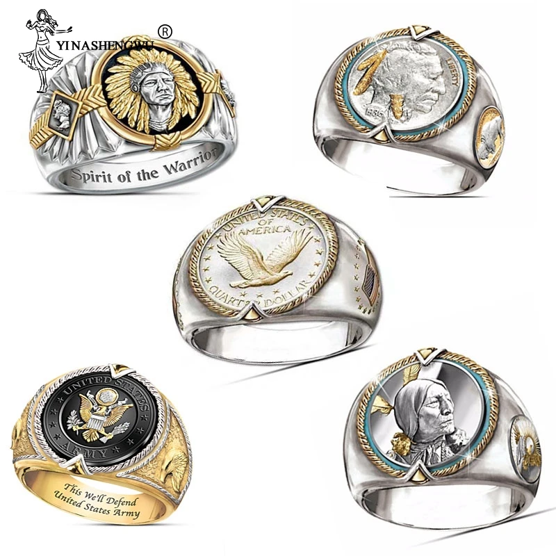 

Hip Hop Style Classic Indian Chief Two-tone Gold Silver Ring Men Western National Cowboy Style Pirate Eagle Male Ring 5 Models