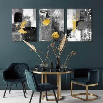 

Modern Canvas Painting Abstract Black White Color Block Gold Foil Poster Prints Wall Art Pictures for Living Room Home Decor