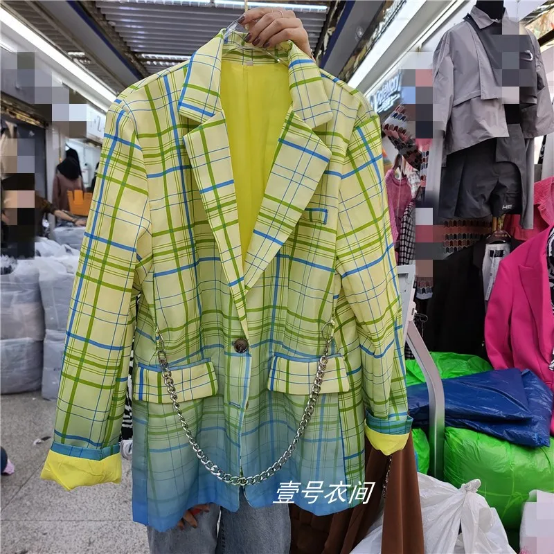 

Nancylim Women's Coat 2020 Autumn New Female Personality Gradient Color Plaid Printing Loose Suit Jacket Fashion Lady Blazer