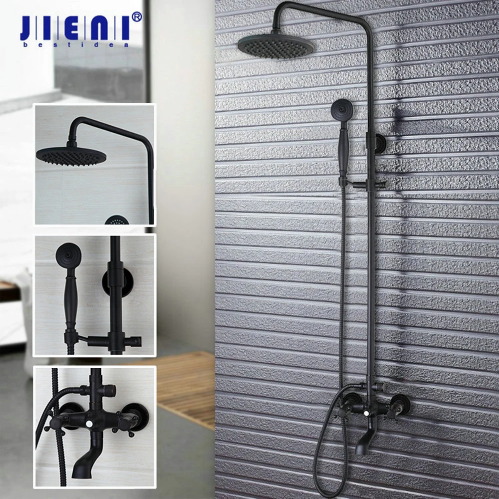 

JIENI Matte Black Bathroom Bathtub Shower Faucet Wall Mount Rainfall 8 Inch Round Shower Head Dual Handles Shower Set Mixer Tap