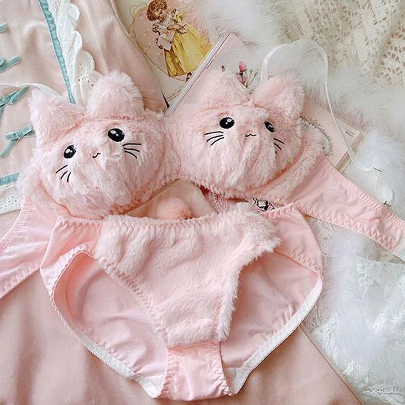 Girl Sweet Cute Cat Wire Free Comfortable Bra Set Cartoon Animie Underwear  Suit Soft Women Sexy Plush Emroidery Lingerie Brifes