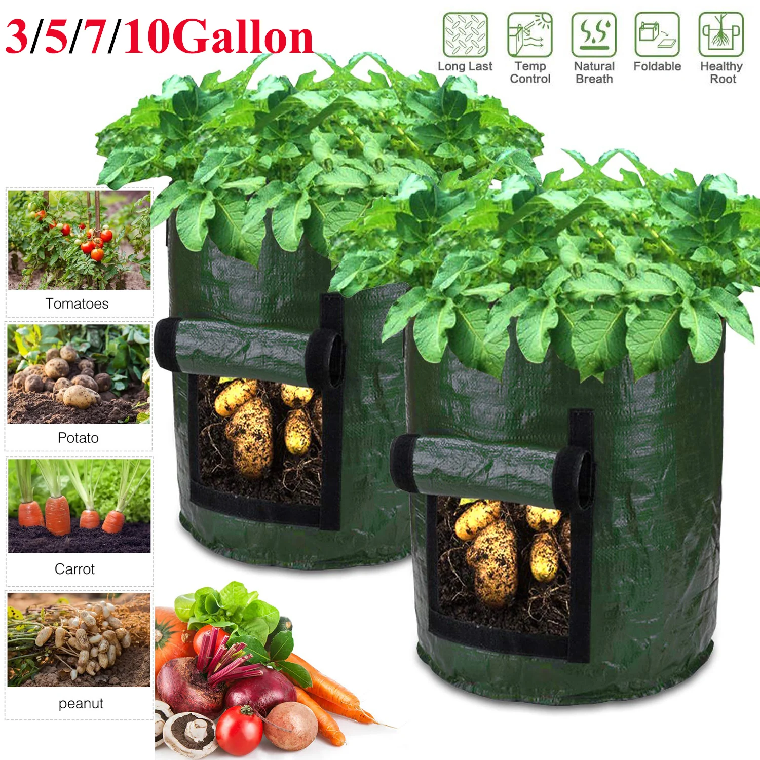 3/5/7/10 Gallon Potato Planting Bag Pot Planter Growing Garden Veget Container 